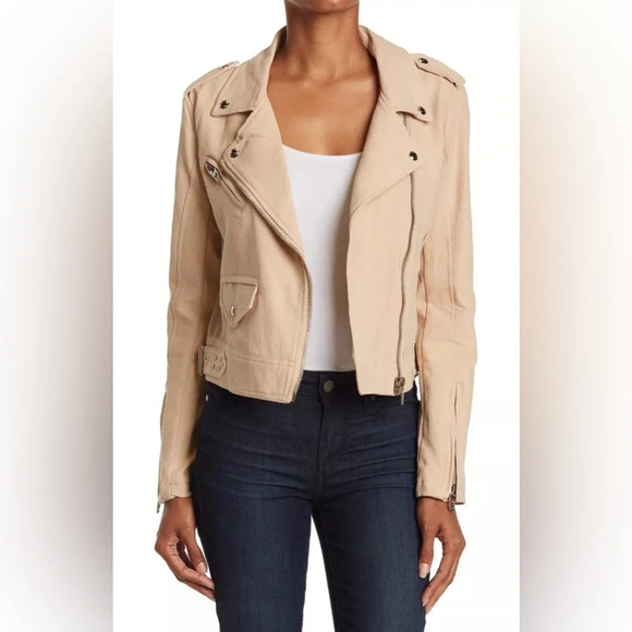 BLANKNYC Women's Crepe Moto Jacket Zips Snaps Adjust Belt Tan Size Large NWT $98 - Picture 1 of 7